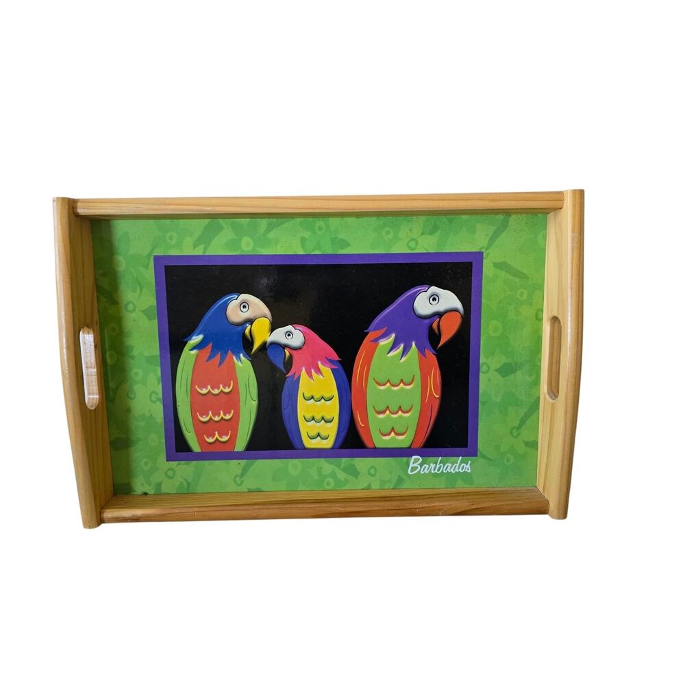 Vintage Parrots Caribbean Barbados Wooden Serving Tray